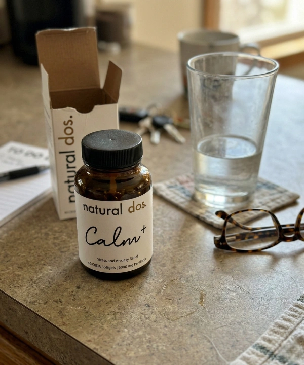 Natural Dos Calm+ bottle on a kitchen countertop with a glass of water