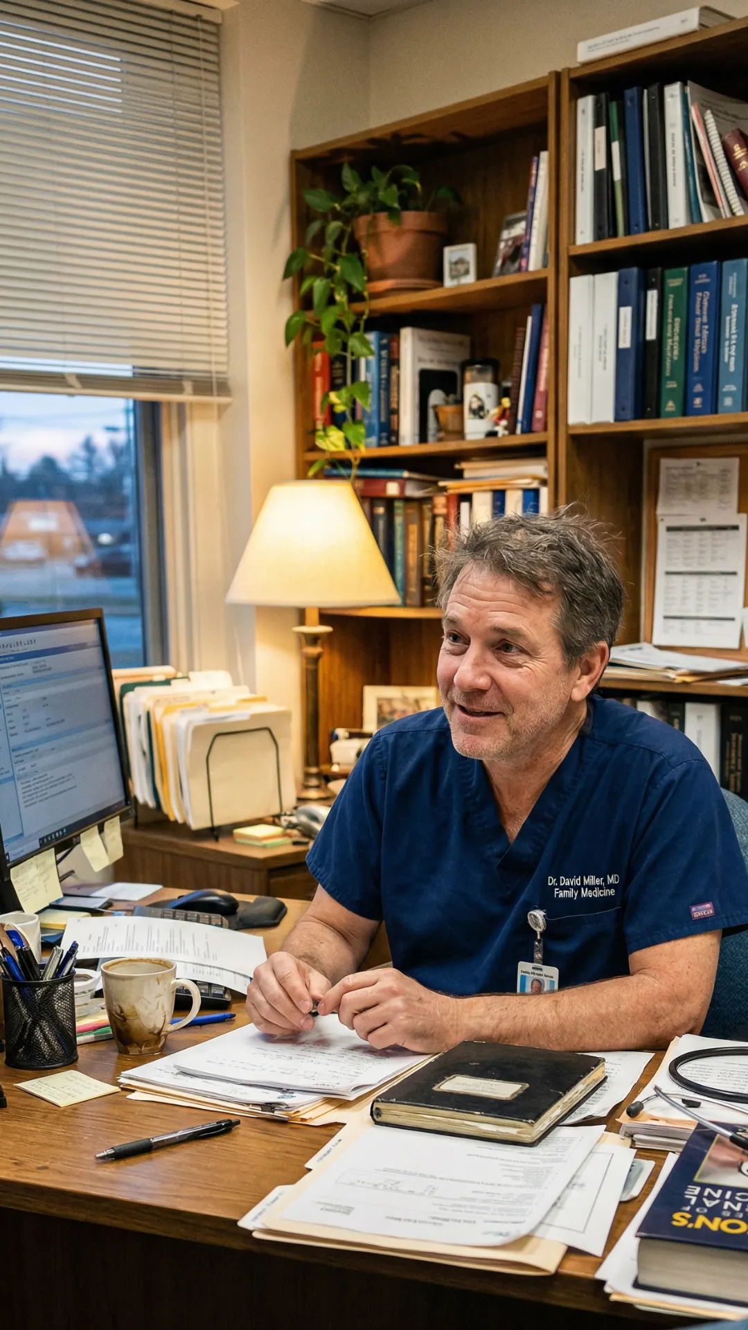 Friendly internist seated in a slightly cluttered medical office