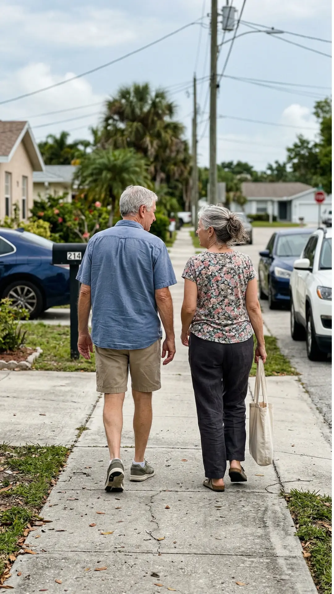 Older couple walking together outdoors in natural light