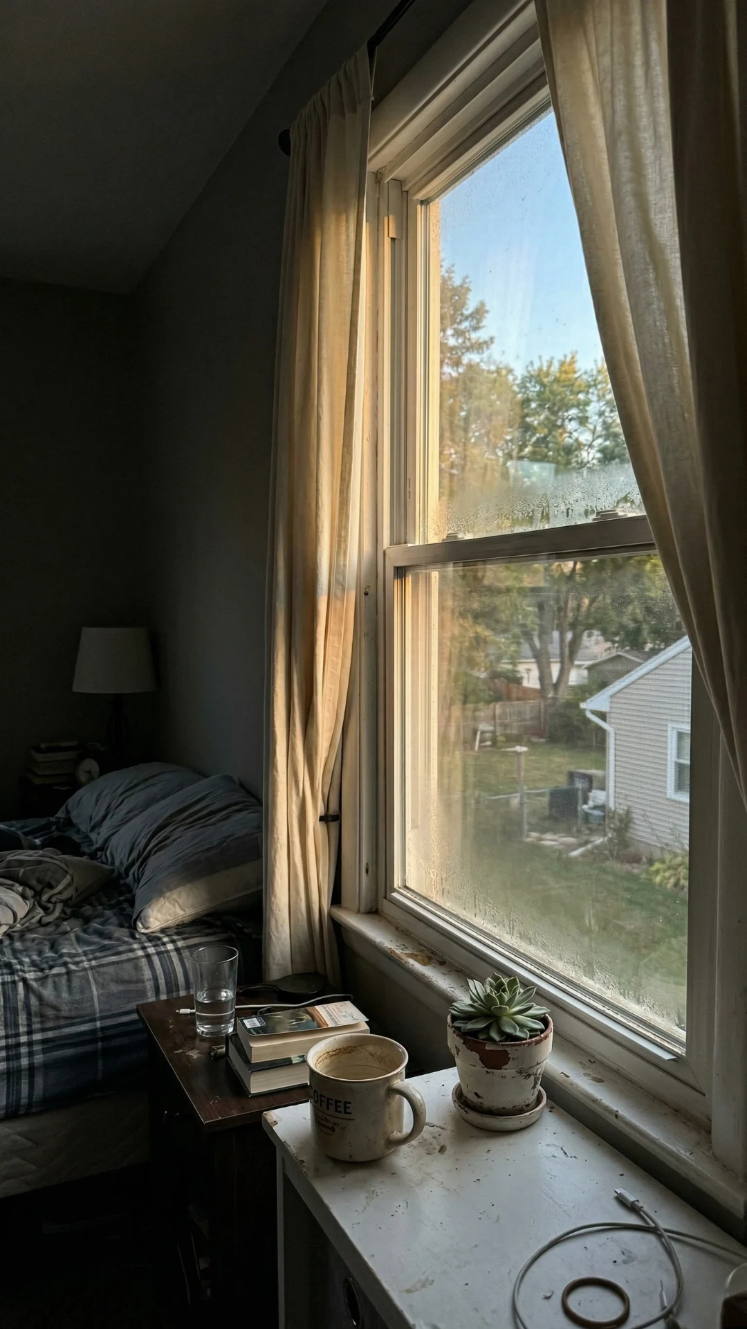 Bedroom in morning light with warm sunlight through curtains